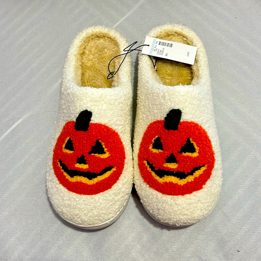 Maurices Halloween jack-o’-lantern house slippers.